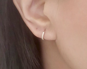 14k White Gold Earring / Natural Diamond Hoop Earring / 14k Huggie Earring / Tiny Hoop Earring / 14k Gold Dainty Earring / Single or Pair