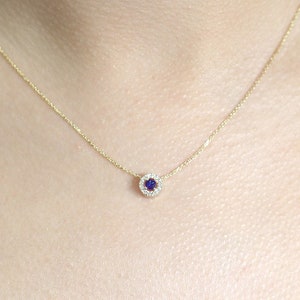 Sliding Sapphire Diamond Necklace / 14k Natural Blue Sapphire Necklace / Tiny Diamond Pendant / September Birthstone Necklace