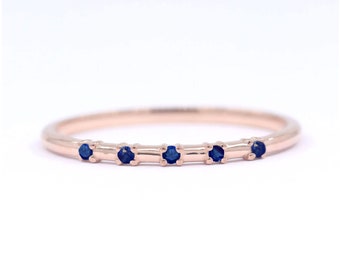 5 Sapphire Dainty Ring / 14k Real Gold Stacking Ring / Sapphire Band / Sapphire Wedding Band / Sapphire Ring / 14K Solid Real Gold