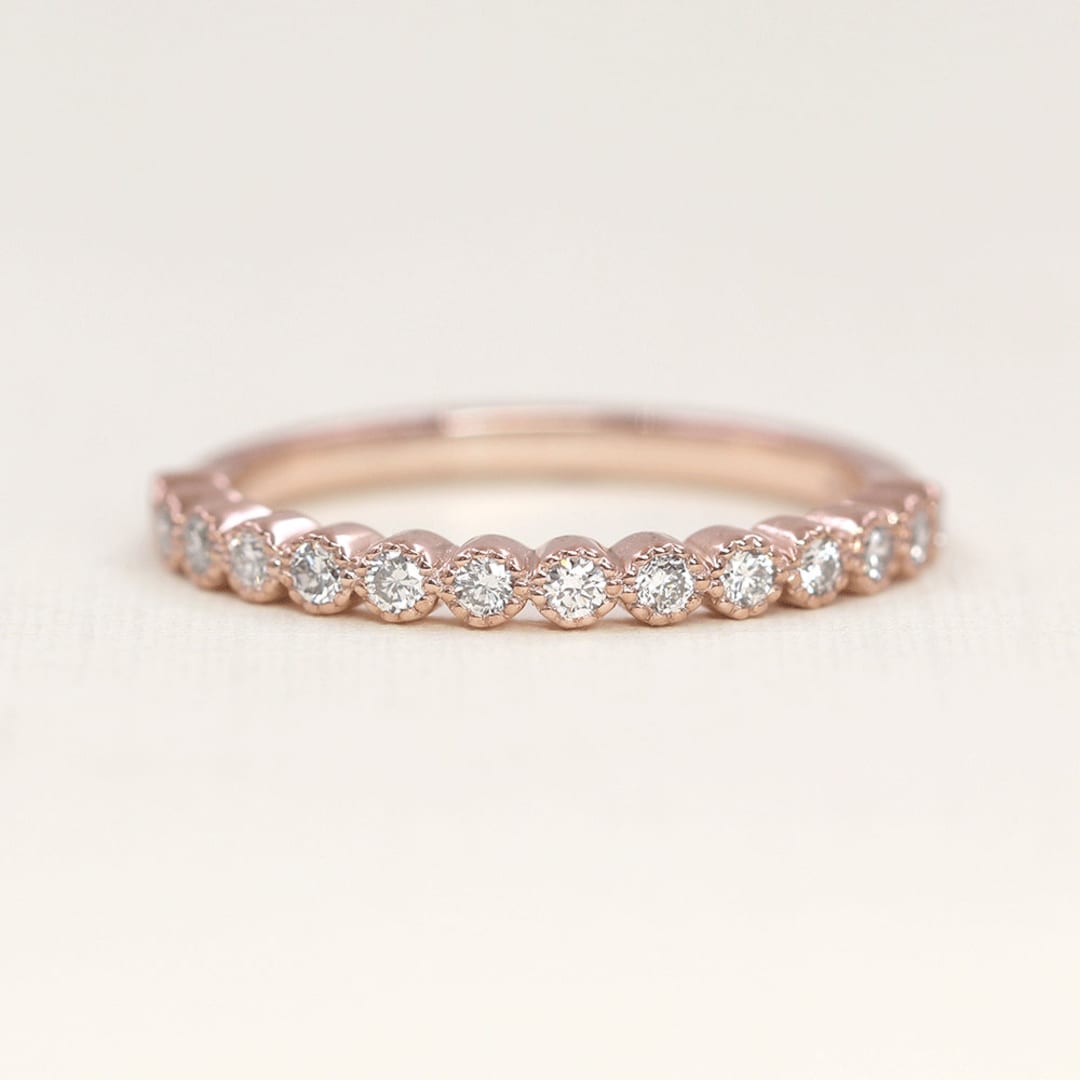 14K Solid Gold Diamond Wedding Band: Milgrain Bezel Half Eternity Ring ...