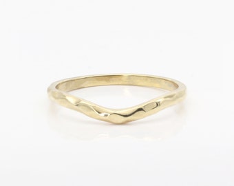 14k Solid Gold Hammered Wedding Band: Curved Stacking Ring. Real Gold Matching Wedding Band