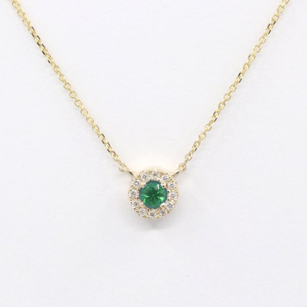Emerald Necklace / Diamond Halo Necklace / Emerald Diamond Necklace / Emerald Tiny Charm Necklace / 14k Gold Necklace / Emerald Pendant