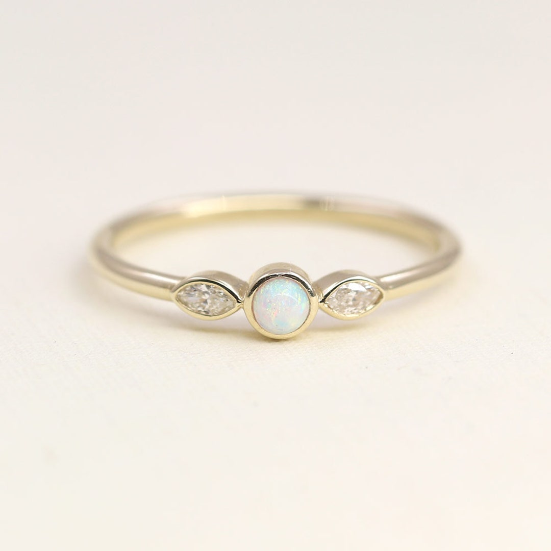 Natural Opal Wedding Band / 14k Gold Tiny Opal Ring / Diamond Wedding ...