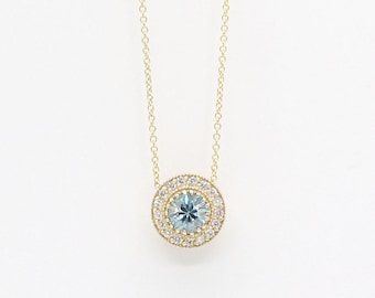 14k Blue Zircon Diamond Halo Necklace: December Birthstone Pendant