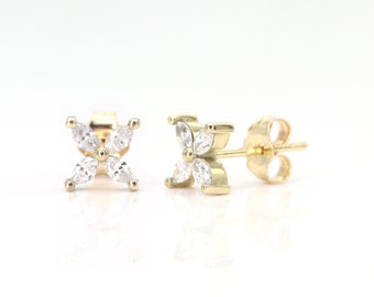 Marquise Cut Diamond Earring / 14k Flower Stud Earring / Tiny Marquise Earring / Diamond Studs / Floral Studs / Lotus Flower / Marquise Stud