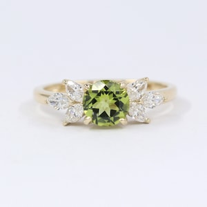 Diamond Cut Natural Peridot Engagement Ring / 6mm Peridot Diamond Ring / Marquise Diamond Wedding Ring / 14k Peridot Ring / Bridal Ring