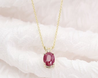 14k Gold Oval Ruby Necklace: Natural July Birthstone Pendant