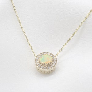 Round Shape Opal Diamond Necklace / Dainty AAA Natural Opal Pendant / 14k Opal Necklace / 14k Gold Necklace / October Birthstone Necklace