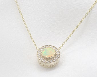 Round Shape Opal Diamond Necklace / Dainty AAA Natural Opal Pendant / 14k Opal Necklace / 14k Gold Necklace / October Birthstone Necklace