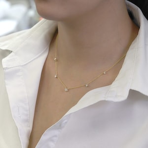 0.30ct Diamond Charm Necklace / 14k Diamond By The Yard Necklace / Natural 5 Diamonds 14k Solid Gold Necklace / 14k Diamond Necklace