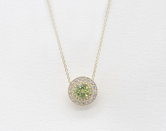 14k Solid Gold Peridot Diamond Necklace: August Birthstone Pendant