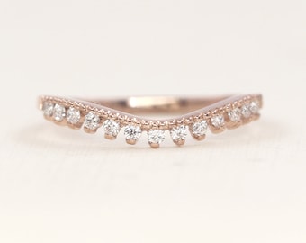 14k Solid Gold Curved Diamond Wedding Band: Handmade Stackable Ring. Real Diamond Matching Wedding Band