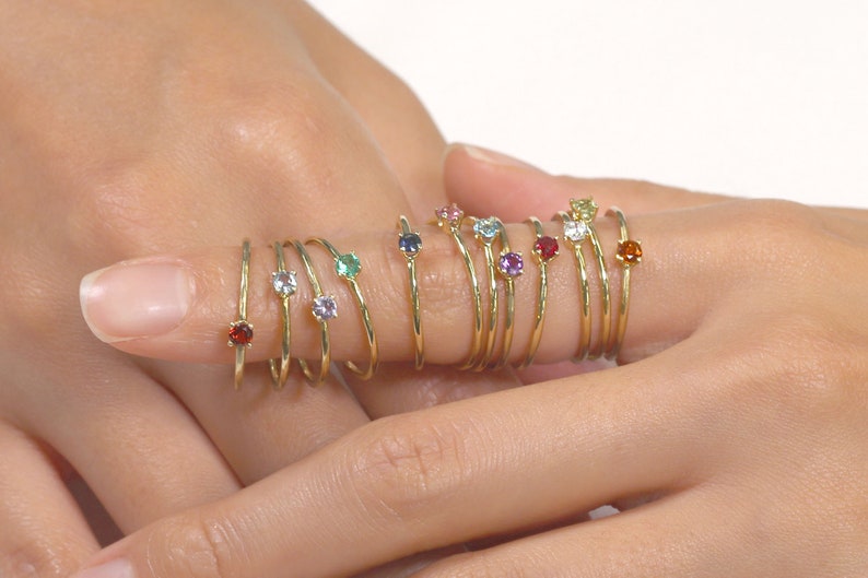 Dainty 14k Gold Birthstone Ring: Hammered Gemstone Stack Ring - Etsy