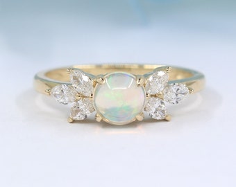 6mm Natural Opal Engagement Ring / Marquise Diamond Ring / Opal Diamond Wedding Ring / 14k Diamond Ring / 14k Opal Ring / Bridal Ring