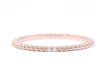 Real Gold Band / 1.2mm Simple Beaded Diamond Ring / Natural Diamond Band / 14k Gold Wedding Band / Stackable Ring / 14k Bridal Ring