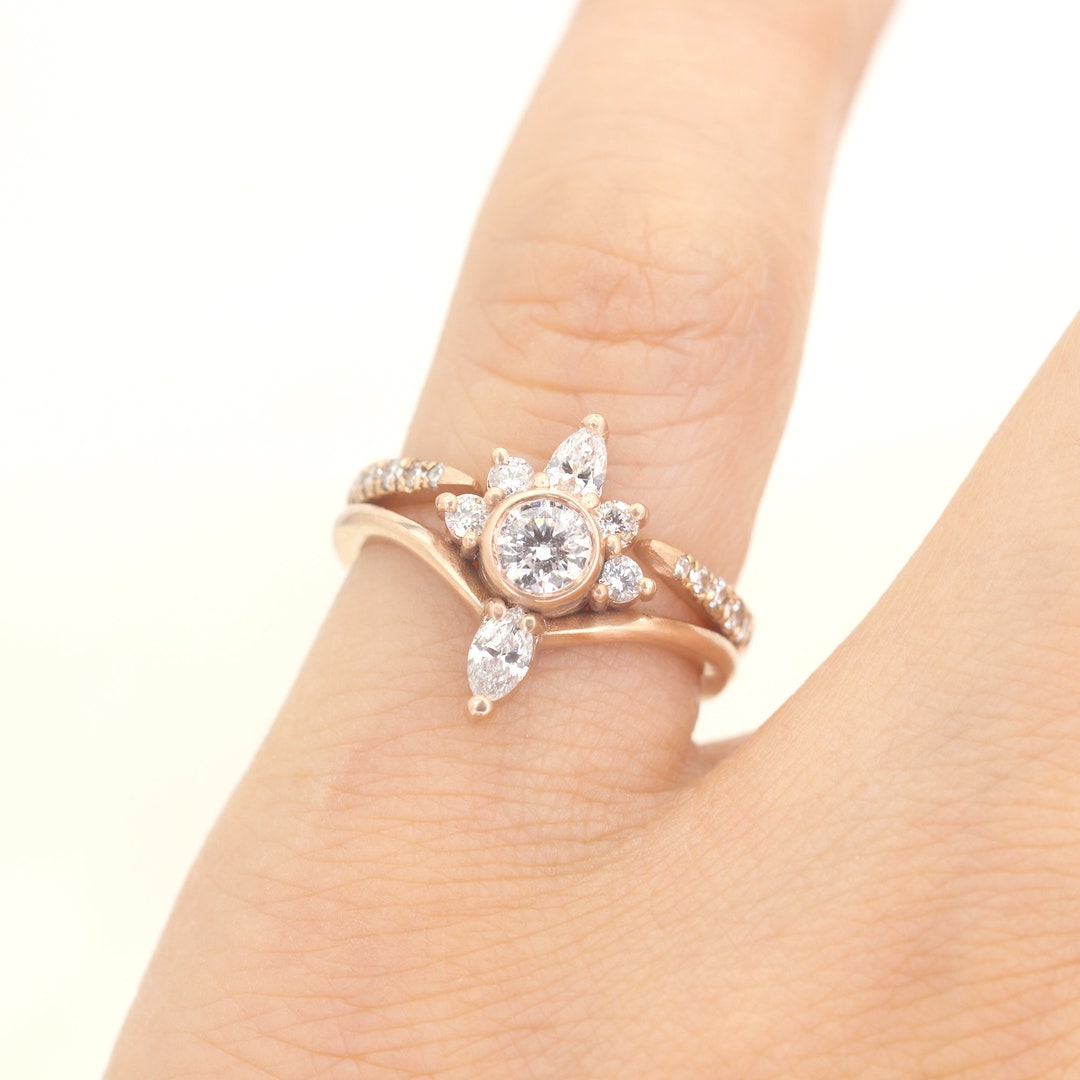 Natural Diamond Engagement Ring With Open Diamond Band Set / 14k Gold