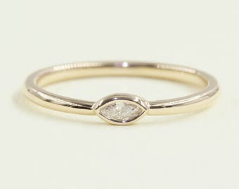 14K Solid Gold Marquise Diamond Ring: Handmade Promise Ring. Real Diamond Wedding Band