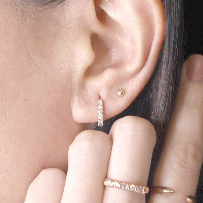 Diamond Hoop Earring / 14k Solid Huggie Earring / Real Diamond Tiny Hoop / Everyday Earring / 14k Gold Earring / Single or Pair image 6