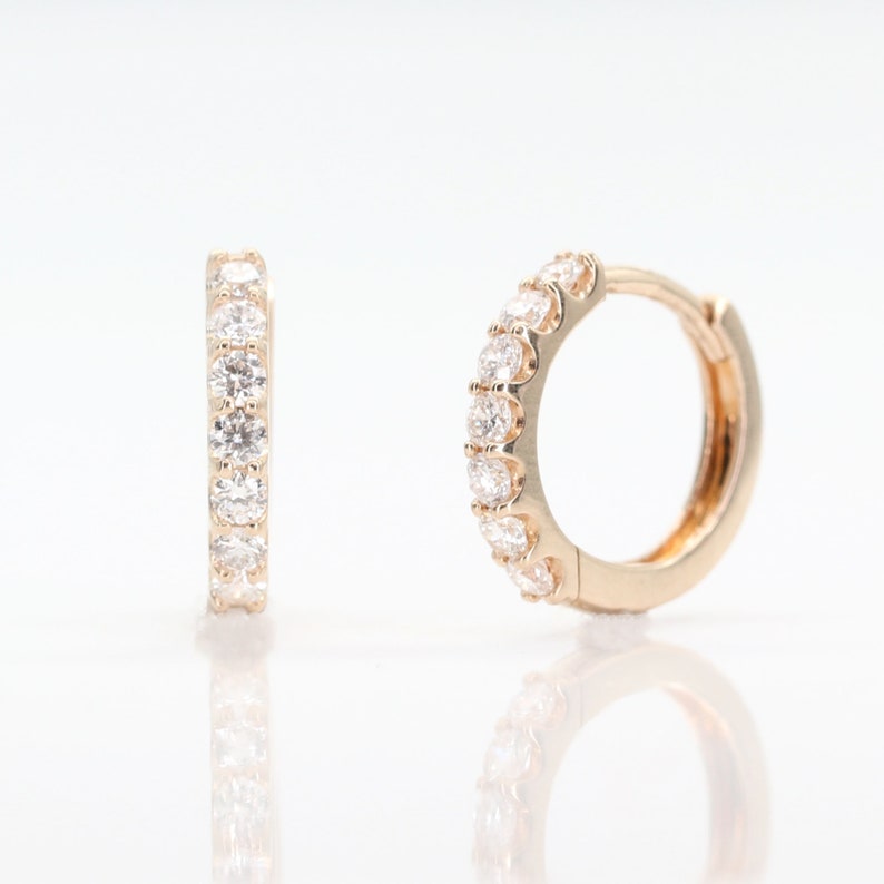 Diamond Hoop Earring / 14k Solid Huggie Earring / Real Diamond Tiny Hoop / Everyday Earring / 14k Gold Earring / Single or Pair image 2