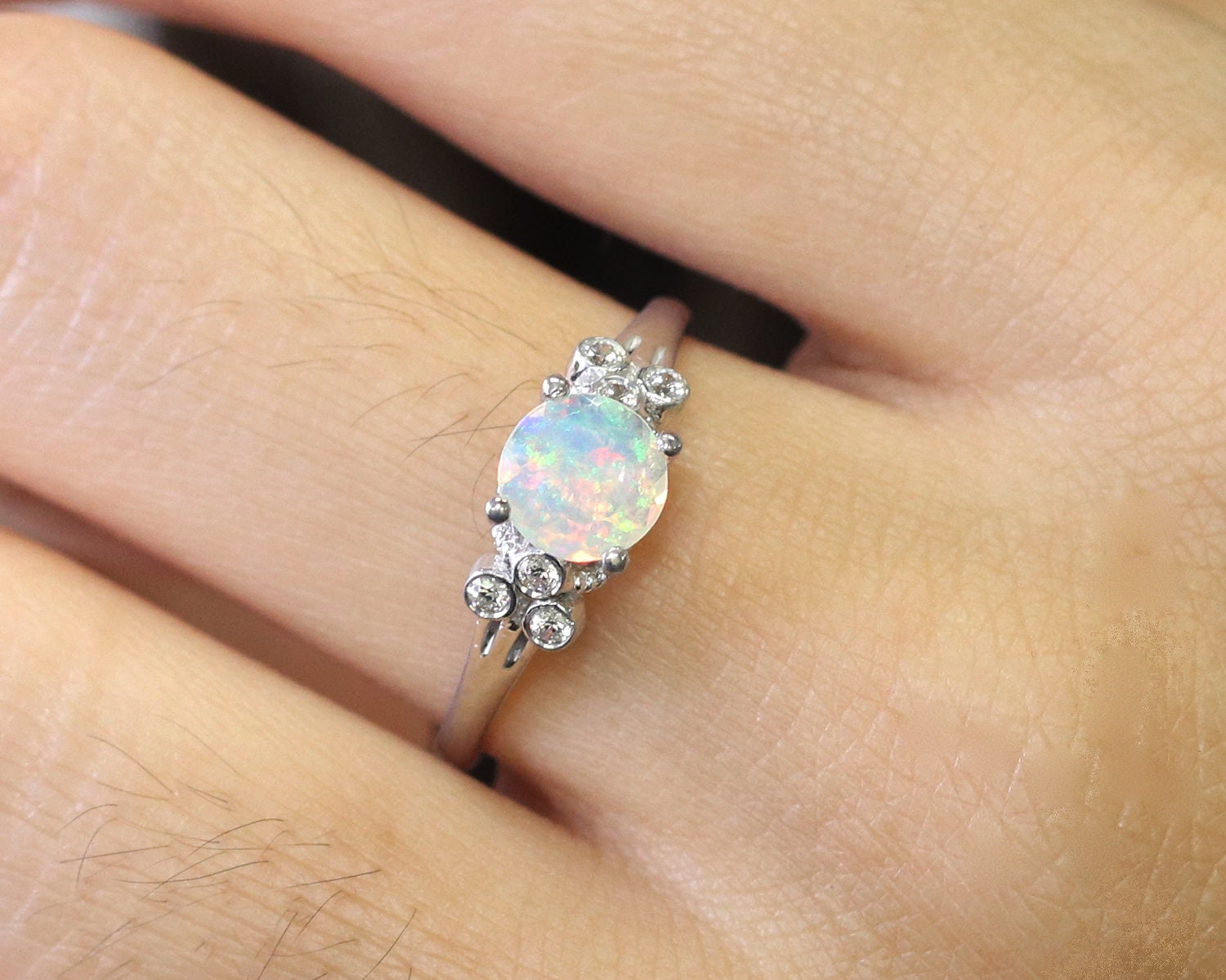 Diamond Cut Natural Opal Engagement Ring / 6 mm Opal Diamond Ring / Dainty Opal Wedding Ring / Diamond Cluster Ring / Natural Rainbow Opal