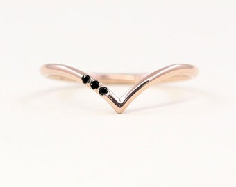 14K Gold Black Diamond Chevron Ring: Dainty Stacking Band. Real Gold Matching Wedding Band