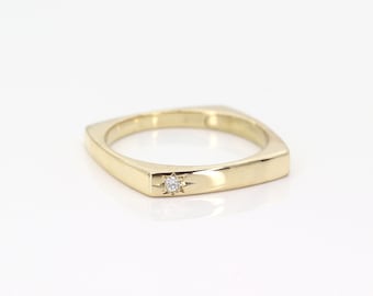 Square Diamond Ring / 14k Solid Gold Stacking Diamond Band /  Diamond Wedding Band / Unique Diamond Ring / 14k Gold Band / Square Band