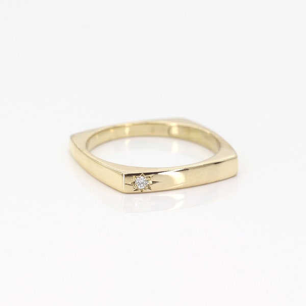 14k Solid Gold Square Diamond Ring: Handmade Stacking Band