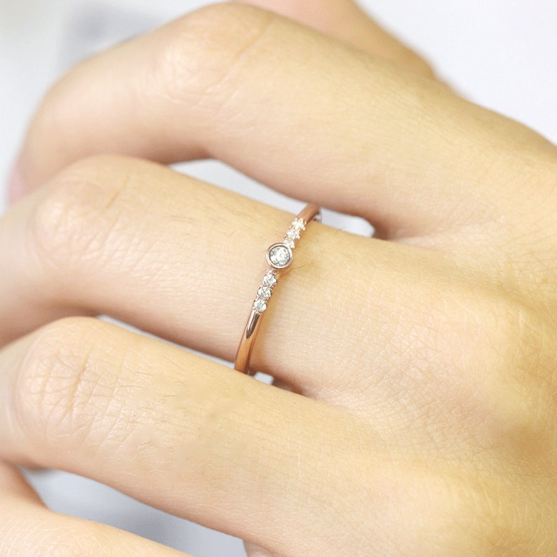 14k Solid gold Dainty Diamond Stacking Ring/Dainty Bezel Set Etsy
