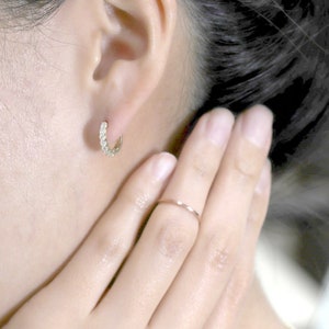 Diamond Hoop Earring / 14k Solid Huggie Earring / Real Diamond Tiny Hoop / Everyday Earring / 14k Gold Earring / Single or Pair image 5