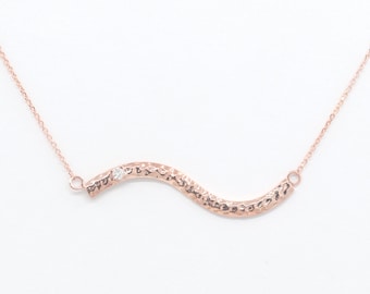 Handmade 14k Gold Diamond Necklace: Hammered Curved Bar