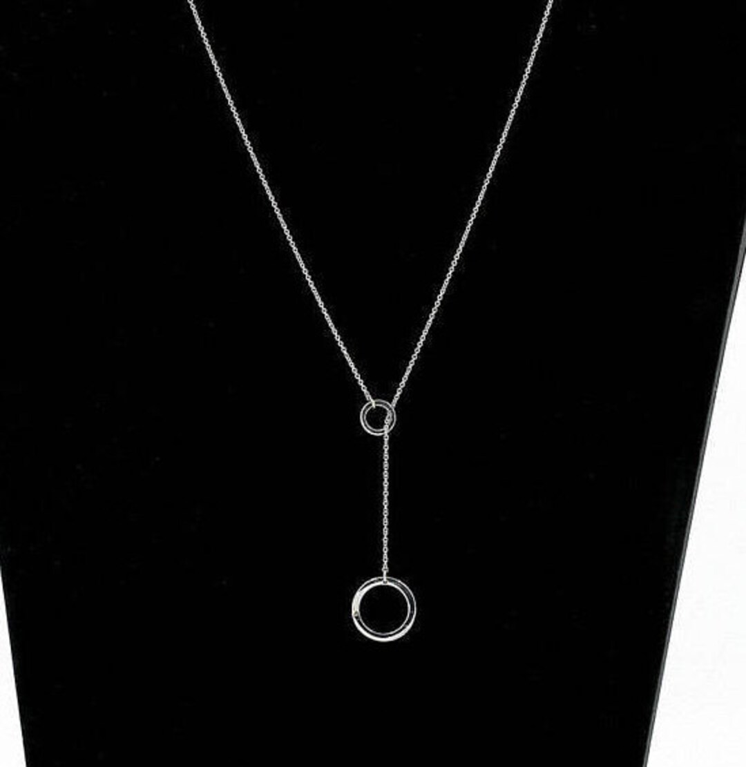 Lariat Diamond Necklace / Solid 14K Gold Y Necklace / Double Circle