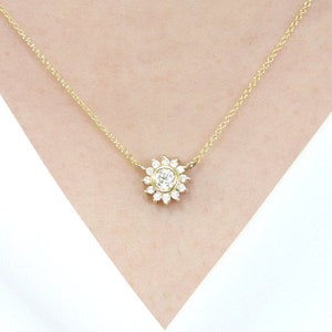 Sunflower Necklace for Women / Real Diamond Necklace / 14k Solid Gold Necklace / Diamond Halo Necklace / Wedding Gift / Promise Gift