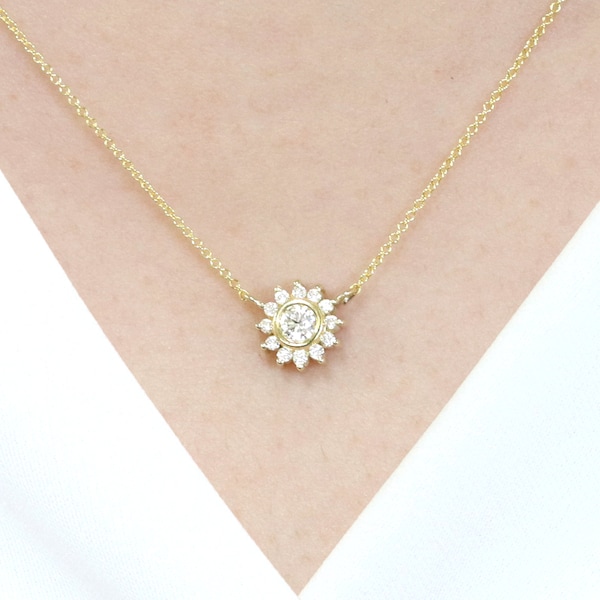 Handmade 14k Solid Gold Diamond Sunflower Necklace: Floral Halo Pendant