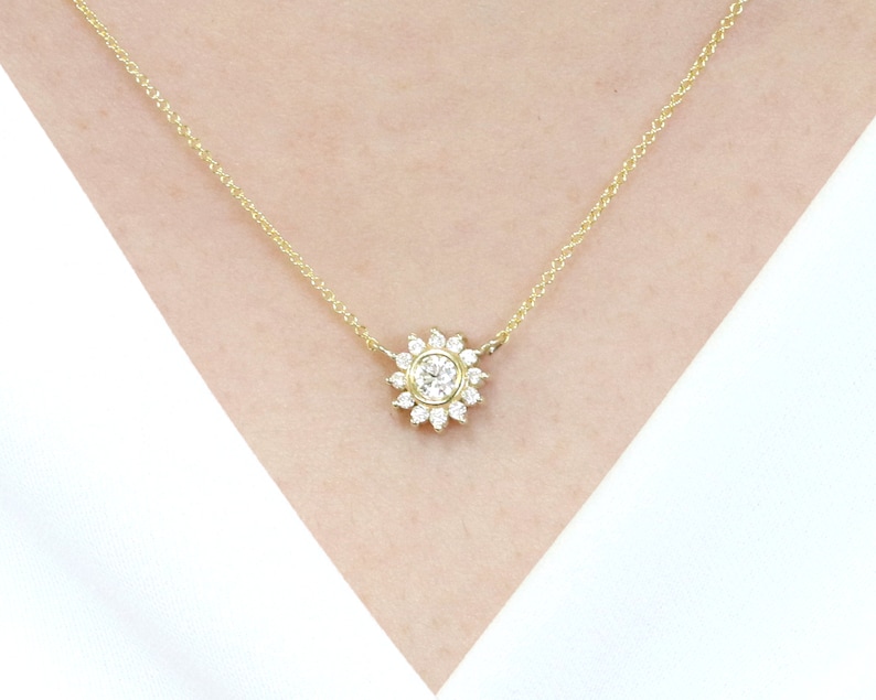 Sunflower Necklace for Women / Real Diamond Necklace / 14k Etsy