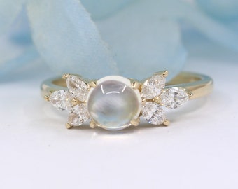 Moonstone Engagement Ring / Moonstone with Marquise Diamond Wedding Ring / 14k Gold Engagement Ring / 14k Moonstone Ring / Promise Ring