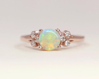 Natural Opal Engagement Ring / 14k Opal Ring / Opal Wedding Ring / Diamond Cluster Bridal Ring / 14k Natural Diamond Ring / 14k Gold Ring