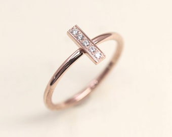 Bar Diamond Ring / Diamond Wedding Ring / Natural Diamond Band / 14k Simple Gold Ring / Unique Stackable Ring / Everyday Ring / Bridal Ring