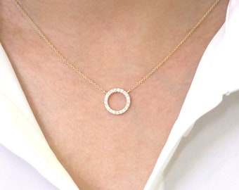 Circle Diamond Pendant Necklace / 14k Solid Gold Necklace / Diamond Necklace / 0.28ct Natural High Quality Diamond / Round Necklace