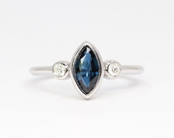 Marquise Sapphire Bezel Diamond Ring / Blue Sapphire & Real Diamond Wedding Ring / 14k Sapphire Engagement Ring / Dainty Sapphire Ring
