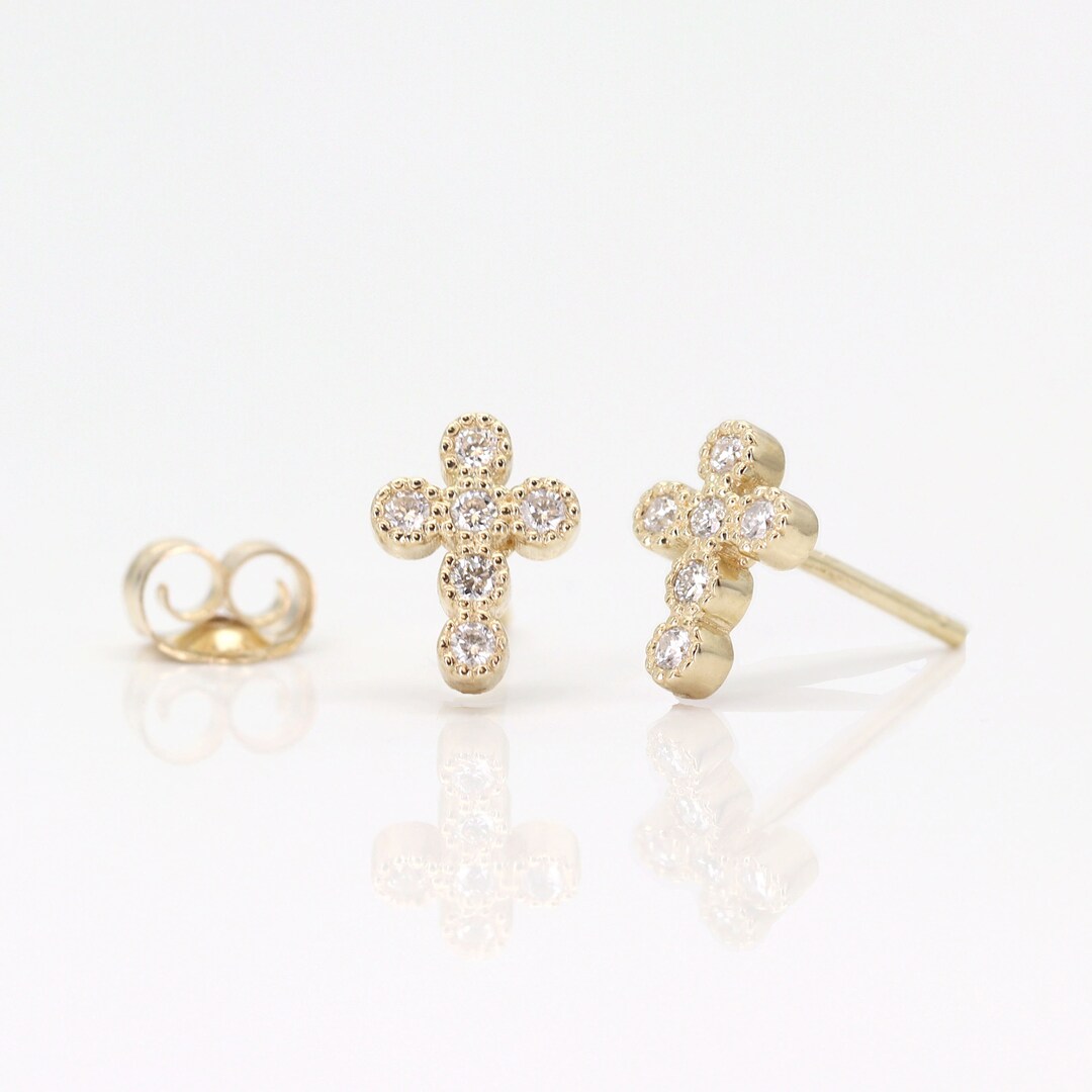 Tiny Cross Diamond Stud Earrings / Small Diamond Earring / 14k Gold ...