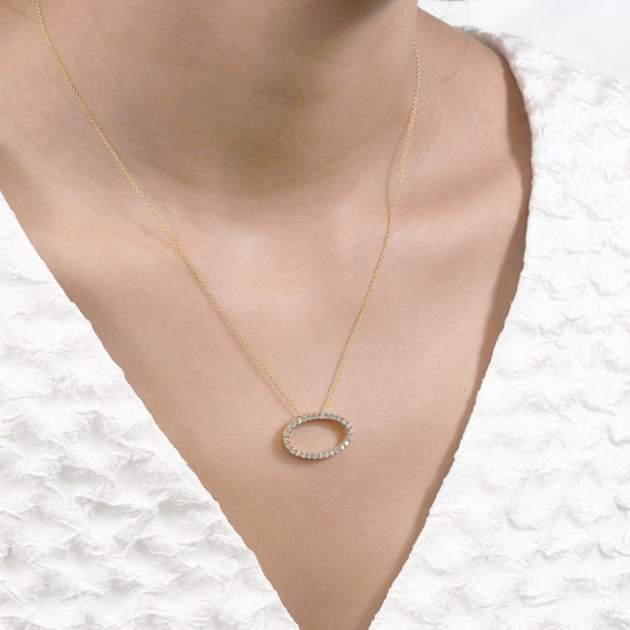 14k Gold Oval Diamond Pendant Necklace: Dainty Handmade