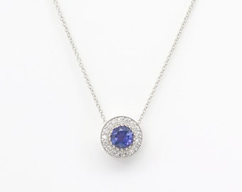 14k Solid Gold Tanzanite Diamond Halo Necklace: December Birthstone Pendant