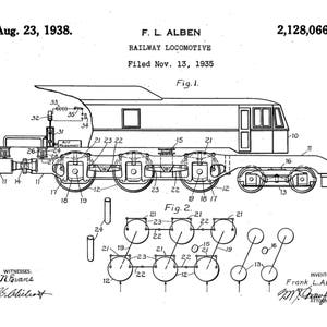 Railway Locomotive Patent Print 1938-Train Enthusiast-Train Gifts-Vintage Train Print-Vintage Train Art-Locomotive Print-Gift For Him