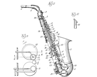Puede incluir: Un dibujo en blanco y negro de un saxofón patentado. El dibujo muestra el saxofón en detalle, incluyendo las teclas, el cuerpo y la boquilla. El número de patente es 2.474.836 y el inventor es Earl J. Gillespie.