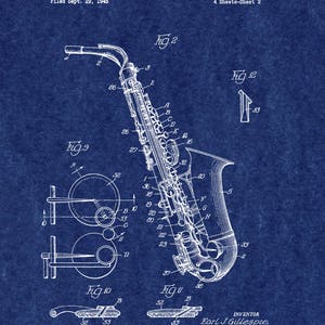 May include: A blueprint of a saxophone patent, showing a detailed diagram of the instrument's design. The patent is titled "Saxophone" and was filed on September 29, 1945, by E.J. Gillespie. The patent number is 2,474,836.