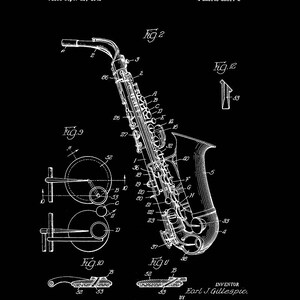 May include: Black and white line drawing of a saxophone patent, showing the instrument's design and various parts labeled with numbers. The patent is titled "Saxophone" and was filed on September 29, 1945, by E.J. Gillespie.