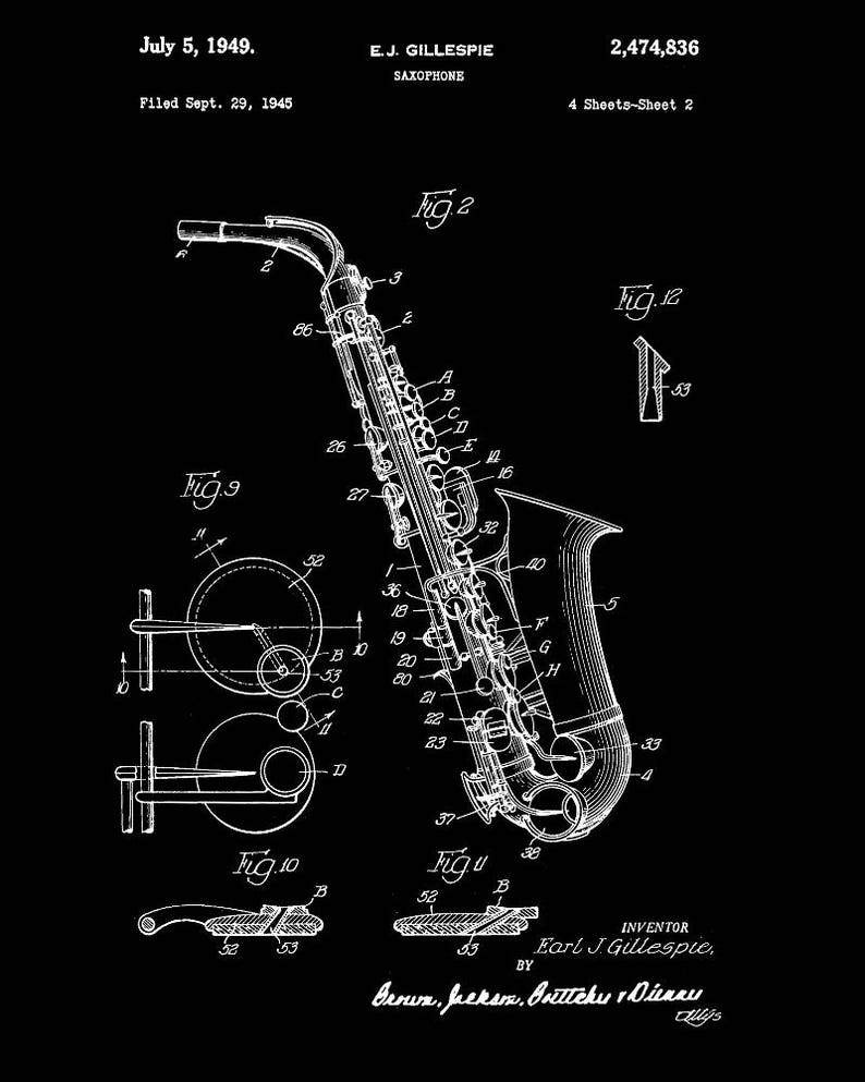 May include: Black and white line drawing of a saxophone patent, showing the instrument's design and various parts labeled with numbers. The patent is titled "Saxophone" and was filed on September 29, 1945, by E.J. Gillespie.