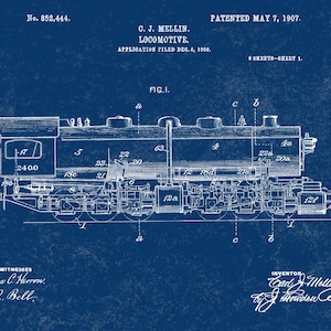 Locomotive Engine Patent Print 1907-Train Enthusiast-Train Gifts-Vintage Train Print-Vintage Train Art-Locomotive Print-Gift For Him
