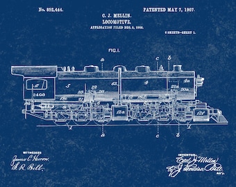 Locomotive Engine Patent Print 1907-Train Enthusiast-Train Gifts-Vintage Train Print-Vintage Train Art-Locomotive Print-Gift For Him
