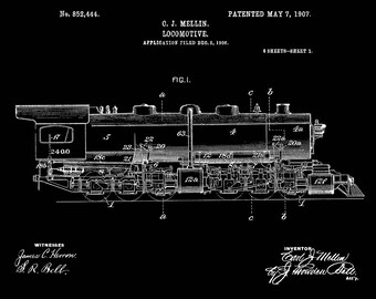 Locomotive Engine Patent Print 1907-Train Enthusiast-Train Gifts-Vintage Train Print-Vintage Train Art-Locomotive Print-Gift For Him